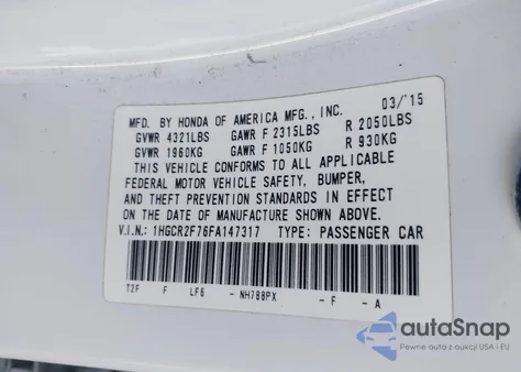 2015 Honda Accord Ex из США, поврежденный, VIN 1HGCR2F76FA147317